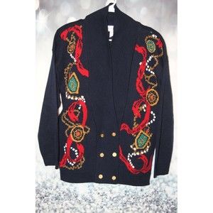 Vintage Women's Cardigan Crest Crown Regal Royal Shawl Color Navy Blue Size S